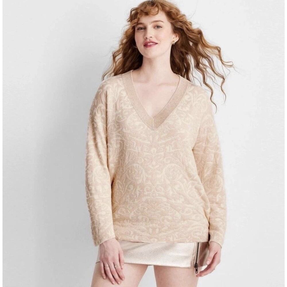 Future Collective V Neck Brocade Sweater Cream Women’s XS NWT